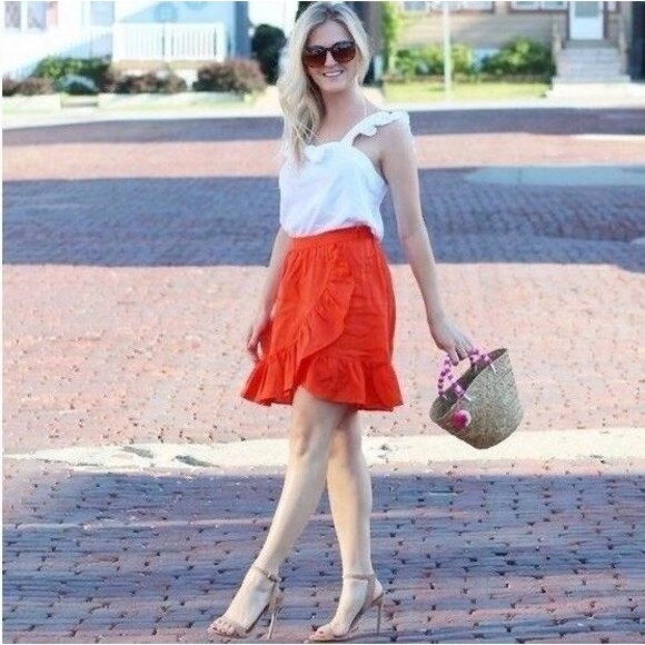J Crew 100% Linen Mini Skirt Women 4 Orange Faux Wrap Ruffle Preppy Blogger Fave - Picture 4 of 11